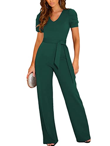 shownicer Jumpsuit Damen Kurzarm V-Ausschnitt Elegant Lang Playsuit Einfarbig Hosenanzug Playsuit Romper Weite Bein-Strampler Overall mit Gürtel A Grün M von shownicer