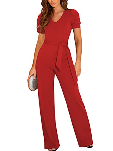 shownicer Jumpsuit Damen Kurzarm V-Ausschnitt Elegant Lang Playsuit Einfarbig Hosenanzug Playsuit Romper Weite Bein-Strampler Overall mit Gürtel A Rot XL von shownicer