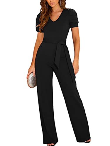 shownicer Jumpsuit Damen Kurzarm V-Ausschnitt Elegant Lang Playsuit Einfarbig Hosenanzug Playsuit Romper Weite Bein-Strampler Overall mit Gürtel A Schwarz L von shownicer