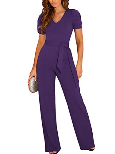 shownicer Jumpsuit Damen Kurzarm V-Ausschnitt Elegant Lang Playsuit Einfarbig Hosenanzug Playsuit Romper Weite Bein-Strampler Overall mit Gürtel A Violett 3XL von shownicer