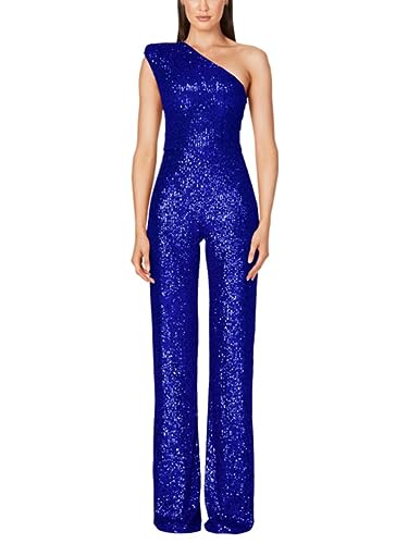 shownicer Jumpsuit Damen Pailletten Jumpsuit Eine Schulter Elegant Overall Sommer Ärmellos Einteiler Lang Overall Hosenanzug Hohe Taille Romper A Dunkelblau M von shownicer
