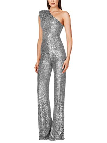 shownicer Jumpsuit Damen Pailletten Jumpsuit Eine Schulter Elegant Overall Sommer Ärmellos Einteiler Lang Overall Hosenanzug Hohe Taille Romper A Grau L von shownicer