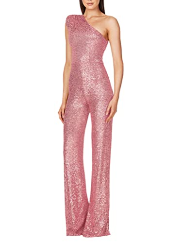 shownicer Jumpsuit Damen Pailletten Jumpsuit Eine Schulter Elegant Overall Sommer Ärmellos Einteiler Lang Overall Hosenanzug Hohe Taille Romper A Rosa S von shownicer