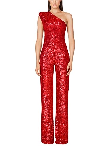 shownicer Jumpsuit Damen Pailletten Jumpsuit Eine Schulter Elegant Overall Sommer Ärmellos Einteiler Lang Overall Hosenanzug Hohe Taille Romper A Rot S von shownicer