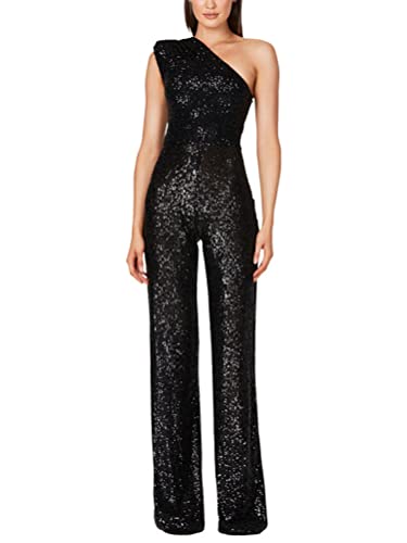 shownicer Jumpsuit Damen Pailletten Jumpsuit Eine Schulter Elegant Overall Sommer Ärmellos Einteiler Lang Overall Hosenanzug Hohe Taille Romper A Schwarz S von shownicer