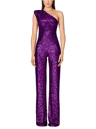 shownicer Jumpsuit Damen Pailletten Jumpsuit Eine Schulter Elegant Overall Sommer Ärmellos Einteiler Lang Overall Hosenanzug Hohe Taille Romper A Violett L von shownicer