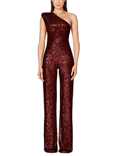 shownicer Jumpsuit Damen Pailletten Jumpsuit Eine Schulter Elegant Overall Sommer Ärmellos Einteiler Lang Overall Hosenanzug Hohe Taille Romper A Weinrot M von shownicer