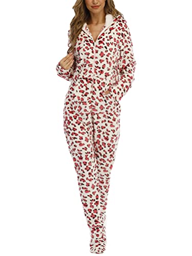 shownicer Jumpsuit Damen Schlafanzug Onesie Schlafoveralls mit Kapuze Einteiler Pyjamas Langarm Strampler mit Reißverschluss Frauen Mädchen Overall M Rosa M von shownicer