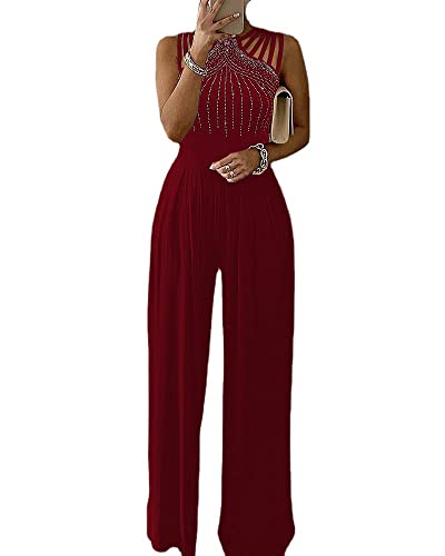 shownicer Jumpsuit Damen Sommer Halfter Overall Armellos Einteiler Elegant Lang Hosenanzug Playsuit Jogginganzug Romper Einfarbig Strampler Spielanzug Rot S von shownicer