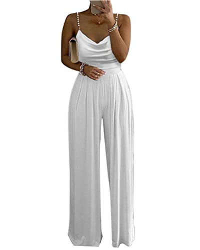 shownicer Jumpsuit Damen Sommer Halfter Overall Armellos Einteiler Elegant Lang Hosenanzug Playsuit Jogginganzug Romper Einfarbig Strampler Spielanzug Z Weiß L von shownicer