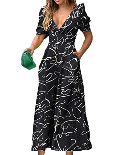 shownicer Jumpsuit Damen Sommer Kurzarm Playsuit mit V-Ausschnitt Elegant Strampler Drucken Playsuit Overalls Casual Lose Lange Hose Breite Weites Bein Romper A Schwarz 3XL von shownicer