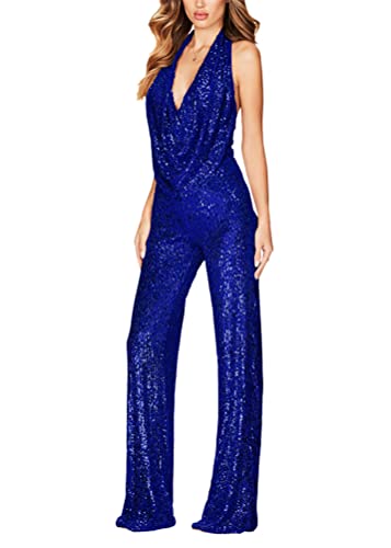 shownicer Jumpsuit Damen Sommer Overall Lang Elegante Hohe Taille Kurzarm Romper V-Ausschnitt Hosenanzug mit Taschen und Gürtel A Dunkelblau S von shownicer