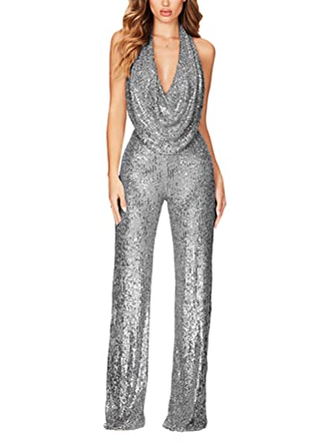 shownicer Jumpsuit Damen Sommer Overall Lang Elegante Hohe Taille Kurzarm Romper V-Ausschnitt Hosenanzug mit Taschen und Gürtel A Grau L von shownicer