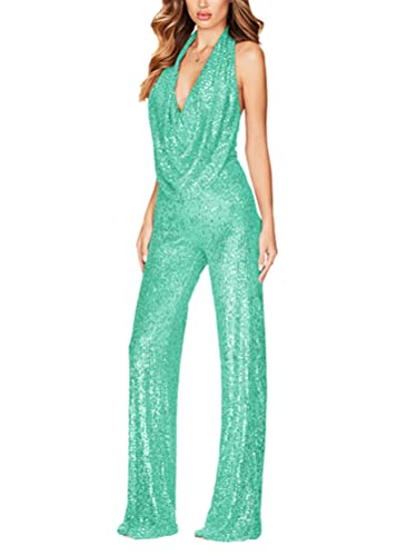 shownicer Jumpsuit Damen Sommer Overall Lang Elegante Hohe Taille Kurzarm Romper V-Ausschnitt Hosenanzug mit Taschen und Gürtel A Hellgrün XXL von shownicer