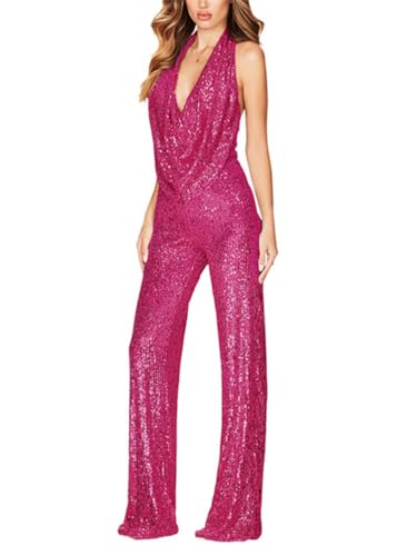 shownicer Jumpsuit Damen Sommer Overall Lang Elegante Hohe Taille Kurzarm Romper V-Ausschnitt Hosenanzug mit Taschen und Gürtel A Rose Rot M von shownicer