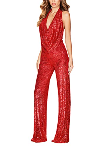 shownicer Jumpsuit Damen Sommer Overall Lang Elegante Hohe Taille Kurzarm Romper V-Ausschnitt Hosenanzug mit Taschen und Gürtel A Rot L von shownicer