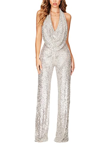 shownicer Jumpsuit Damen Sommer Overall Lang Elegante Hohe Taille Kurzarm Romper V-Ausschnitt Hosenanzug mit Taschen und Gürtel A Silber M von shownicer