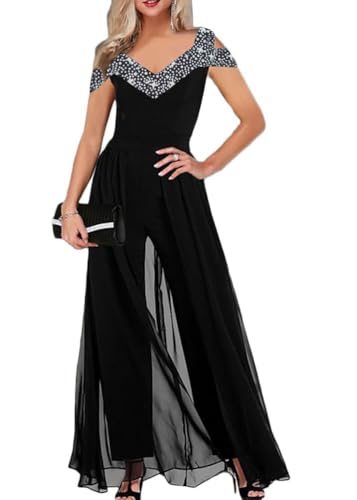 shownicer Jumpsuit Festlich Hochzeit Damen Elegant Overall Spitze Ärmel Hosenanzug Playsuit Romper J Schwarz M von shownicer