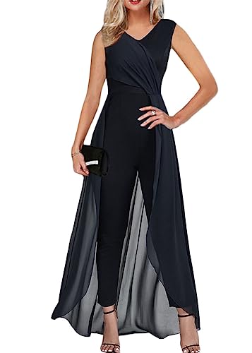 shownicer Jumpsuit Festlich Hochzeit Damen Lang Weites Bein Elegant Overall Spitze Ärmel Hosenanzug Playsuit Romper F Marine XXL von shownicer