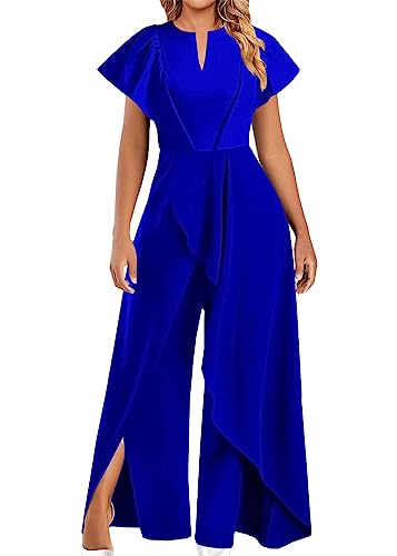 shownicer Jumpsuit Festlich Hochzeit Damen Lang Weites Bein Elegant Overall Spitze Ärmel Hosenanzug Playsuit Romper G Blau XXL von shownicer