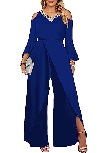 shownicer Jumpsuit Festlich Hochzeit Damen Lang Weites Bein Elegant Overall Spitze Ärmel Hosenanzug Playsuit Romper H Blau01 XXL von shownicer