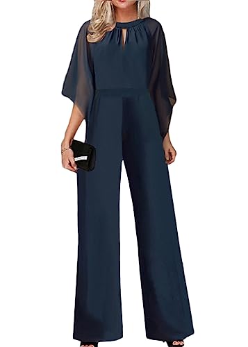 shownicer Jumpsuit Festlich Hochzeit Damen Lang Weites Bein Elegant Overall Spitze Ärmel Hosenanzug Playsuit Romper I Marine01 3XL von shownicer