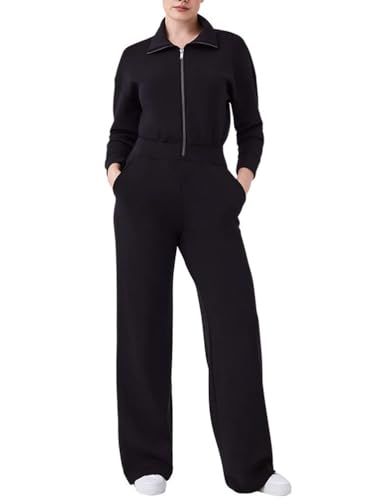 shownicer Jumpsuits Damen Overall Onesie Jogging Anzug Trainingsanzug Elegant Lang Jumpsuit Einfarbig Hosenanzug Playsuit Romper mit Reißverschluss B Schwarz 3XL von shownicer