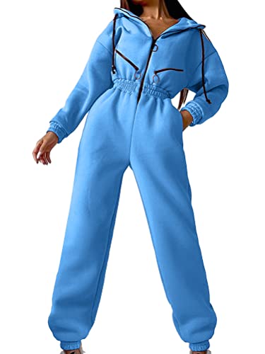 shownicer Jumpsuits Damen Overall mit Kapuze Onesie Jogging Anzug Trainingsanzug Elegant Lang Jumpsuit Einfarbig Hosenanzug Playsuit Romper mit Reißverschluss A Blau M von shownicer