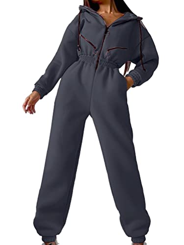shownicer Jumpsuits Damen Overall mit Kapuze Onesie Jogging Anzug Trainingsanzug Elegant Lang Jumpsuit Einfarbig Hosenanzug Playsuit Romper mit Reißverschluss A Grau XL von shownicer