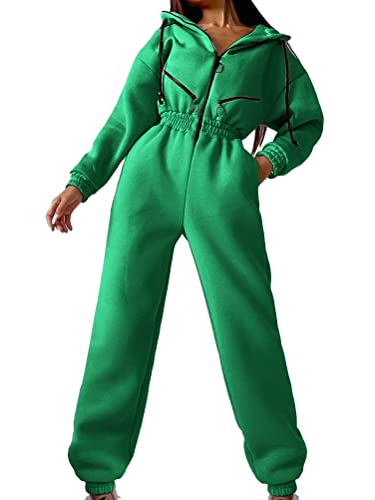 shownicer Jumpsuits Damen Overall mit Kapuze Onesie Jogging Anzug Trainingsanzug Elegant Lang Jumpsuit Einfarbig Hosenanzug Playsuit Romper mit Reißverschluss A Grün M von shownicer