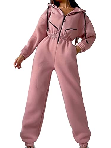 shownicer Jumpsuits Damen Overall mit Kapuze Onesie Jogging Anzug Trainingsanzug Elegant Lang Jumpsuit Einfarbig Hosenanzug Playsuit Romper mit Reißverschluss A Rosa M von shownicer