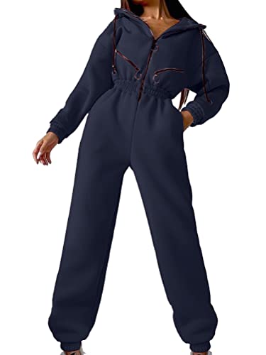 shownicer Jumpsuits Damen Overall mit Kapuze Onesie Jogging Anzug Trainingsanzug Elegant Lang Jumpsuit Einfarbig Hosenanzug Playsuit Romper mit Reißverschluss A Schwarz L von shownicer