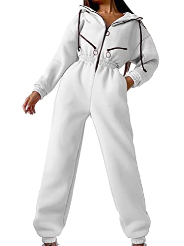 shownicer Jumpsuits Damen Overall mit Kapuze Onesie Jogging Anzug Trainingsanzug Elegant Lang Jumpsuit Einfarbig Hosenanzug Playsuit Romper mit Reißverschluss A Weiß S von shownicer