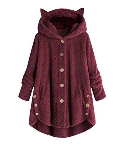 shownicer Kapuzenpullover Damen Kuschelig Fleecepulli Knopf Warm Große Größen Winter Teddy Jacke Casual Plüsch Hoodie Cute Pullover Lang Sweatshirts A Weinrot XL von shownicer