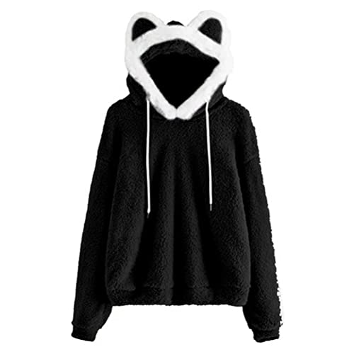 shownicer Kapuzenpullover Für Damen Herbst Winter Plüsch Hoodie Mit Ohren Flauschig Warm Teddy-Fleece Hoodie Langarm Einfarbig Pullover Sweatshirt mit Kapuze A Schwarz XXL von shownicer