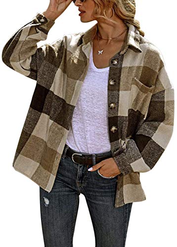 shownicer Kariertes Damen Taschen Knöpfen Oversize Bluse Wolltuch Mantel Hemdjacke Holzfällerjacke Mode Jeansjacke Langarm Mit Brusttaschen Hemdbluse Z Braun S von shownicer
