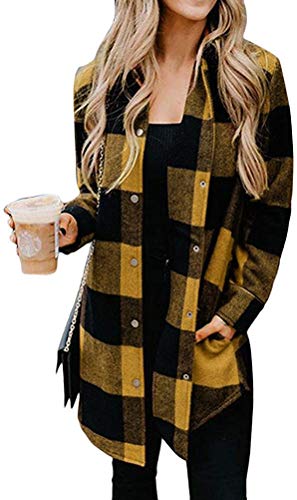 shownicer Kariertes Taschen Knöpfen Langarm Oversize Bluse Mantel Hemdjacke Holzfällerjacke Damen Mode Gelb M von shownicer