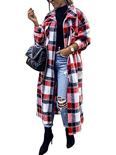 shownicer Kariertes Taschen Knöpfen Langarm Oversize Bluse Mantel Hemdjacke Holzfällerjacke Damen Mode Z2 Rot S von shownicer