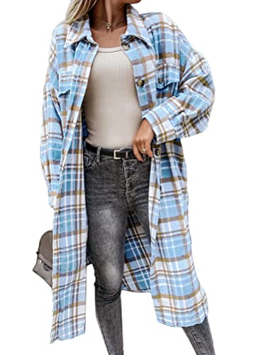 shownicer Kariertes Taschen Knöpfen Langarm Oversize Bluse Mantel Hemdjacke Holzfällerjacke Damen Mode Z6 Blau L von shownicer