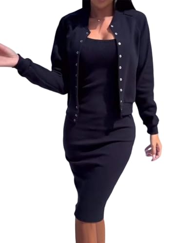 shownicer Kleid Zweiteiler Damen Kleid Mit Cardigan Set Elegant Strickkleid Pullikleid Mantel Lange Jacke 2 Stück Outfits A Schwarz XL von shownicer