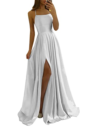 shownicer Kleider Damen Abschlusskleid Off Shoulder Elegant Hochzeit Vintage A-Linie Partykleid Lang Abendkleider Schlitz Cocktailkleid Festkleider Brautkleid Abiball Geburtstag Kleid A Silber S von shownicer