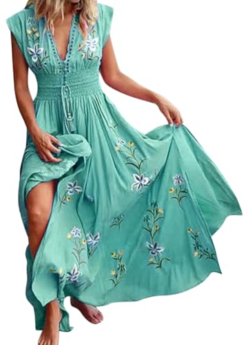 shownicer Kleider Damen Boho Sommerkleider V-Ausschnitt A-Linie Kleid Blumen Kurzarm High Waist Maxi Kleider Tunikakleid Strandkleid A Grün M von shownicer