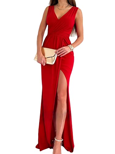 shownicer Kleider Damen Elegant Hohe Taille Abendkleider mit Schlitz Sexy Ärmelloses Einfarbig Langes Kleid Vintage A-Linie Maxikleid Hochzeit Festlich Abendkleid B Rot S von shownicer