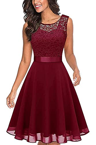 shownicer Kleider Damen Festlich Spitzenkleid Damen V-Ausschnitt Elegant Cocktailkleid Damen Knielang für Hochzeit Party B Rot M von shownicer