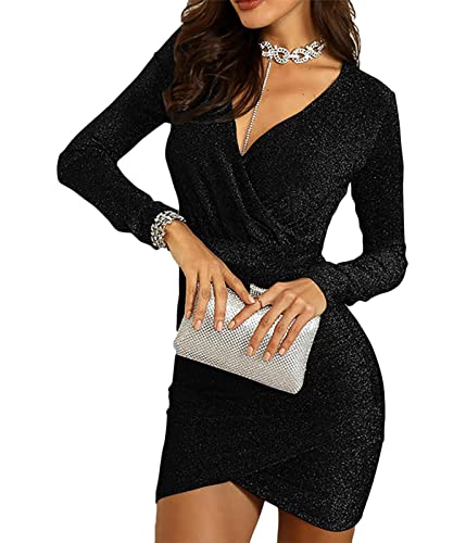 shownicer Kleider Damen Glänzend Glitzer Minikleider Elegant V-Ausschnitt Bodycon Kleid Stretchy Partykleider Abendkleider Cocktailkleid Schwarz M von shownicer