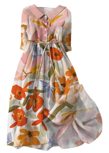 shownicer Kleider Damen Hemdkleid Kurzarm V Ausschnitt Sommerkleid Lang Hemdblusenkleid Blumen Drucken Freizeitkleid Elegant Damenkleider Blumenkleid Strandkleider A Rosa2 XL von shownicer