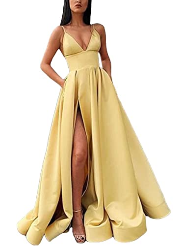 shownicer Kleider Damen Off Shoulder Lang Elegant Hochzeit Vintage A-Linie Partykleid Lang Abendkleider Schlitz Cocktailkleid Festkleider Brautkleid B Gelb S von shownicer