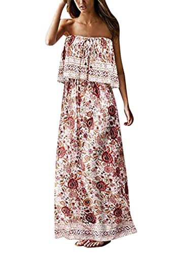 shownicer Kleider Damen Sommer Schulterfreies Kleid Bandeau Ärmelloses Boho Maxi Kleider Abendkleid Freizeitkleid Blumenmuster Lang Kleid D Rosa L von shownicer