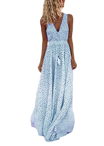 shownicer Kleider Damen Sommerkleid Elegant V-Ausschnitt Ärmellos Punktkleid Sommer Boho A Linie Lang Kleider A Blau S von shownicer