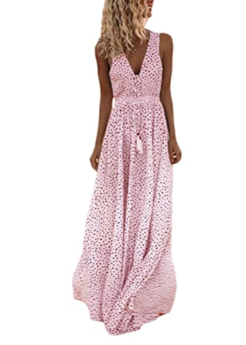 shownicer Kleider Damen Sommerkleid Elegant V-Ausschnitt Ärmellos Punktkleid Sommer Boho A Linie Lang Kleider A Rosa L von shownicer